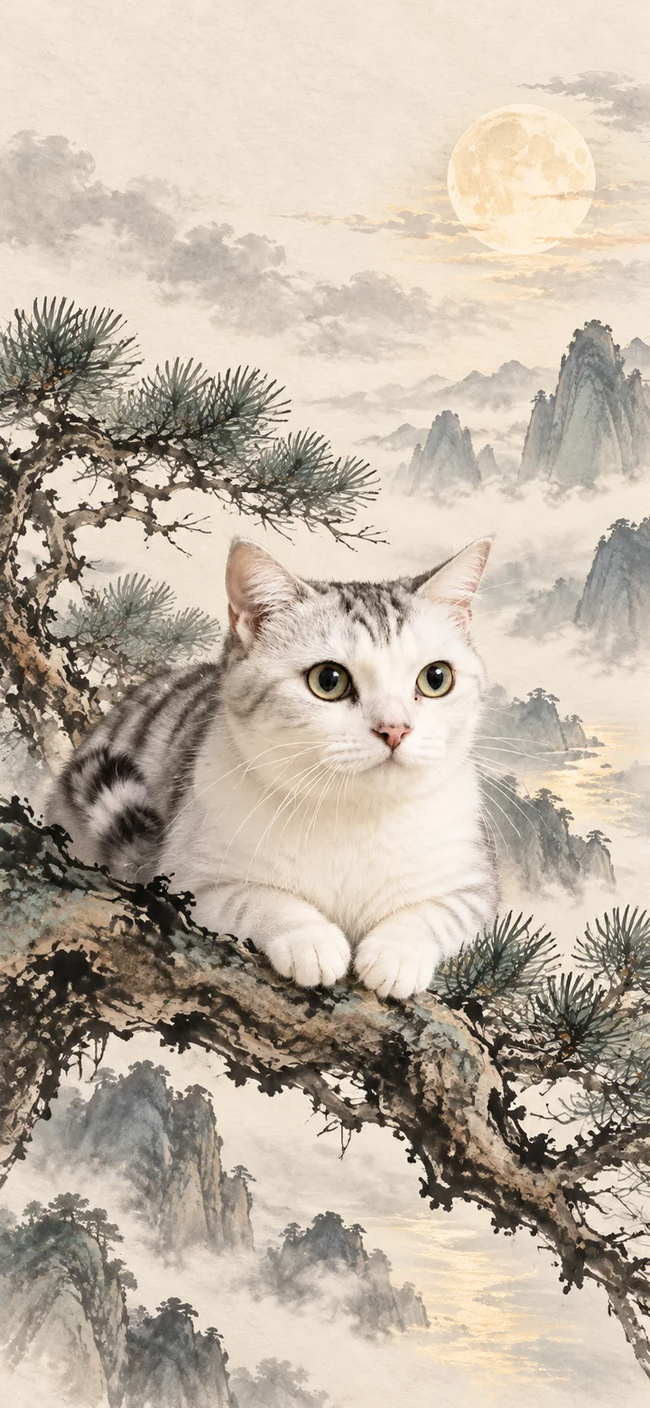 松枝赏月水墨