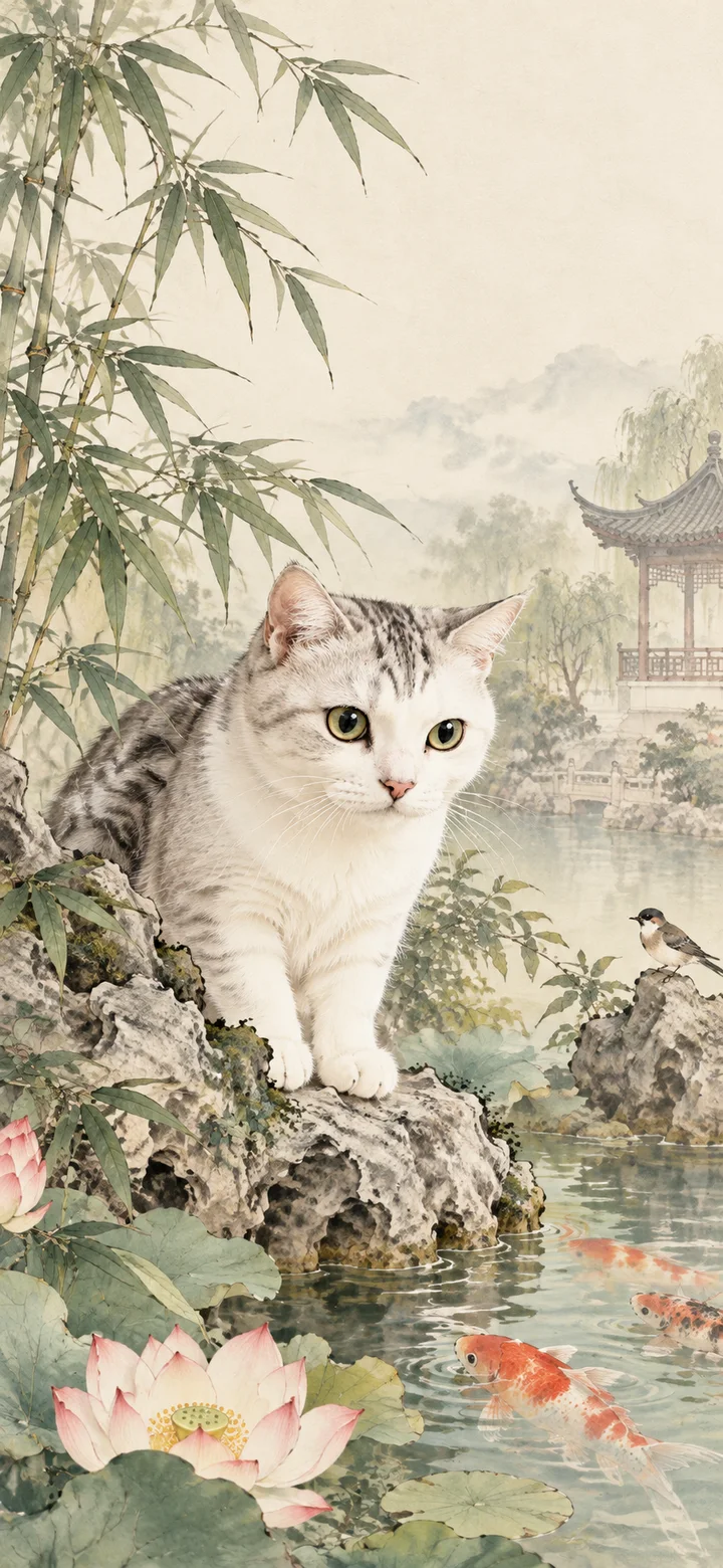 工笔庭院观鱼
